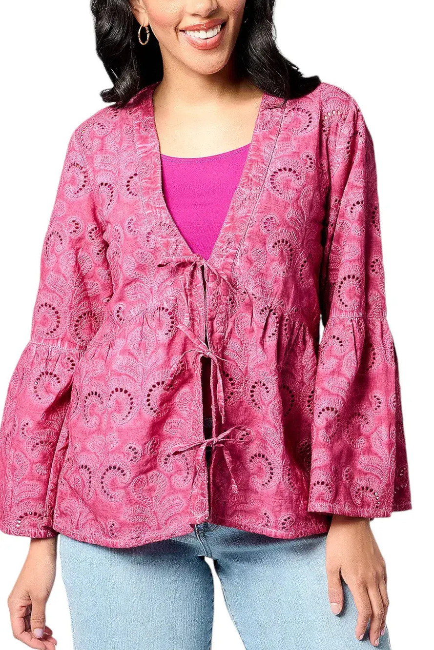 LOGO Lavish by Lori Goldstein Eyelet Lace Tie-Front Cardy Dsty Magenta - Plus